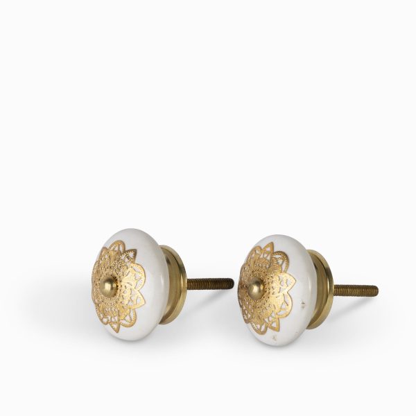 Pomo ceramica blanco metal oro setx2