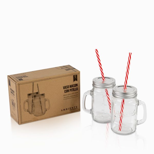 Vaso mason con pitillo set x 2