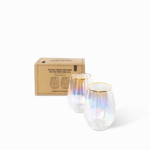 Vaso rayas tornasol borde dorado setx2