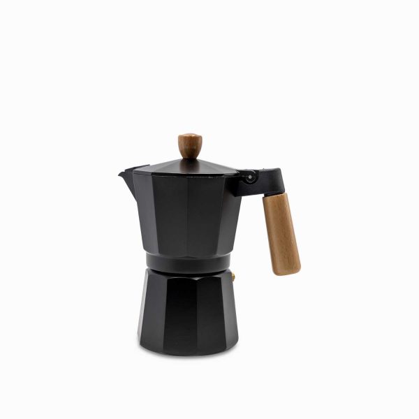 Cafetera moka 6 tazas negra mango en madera