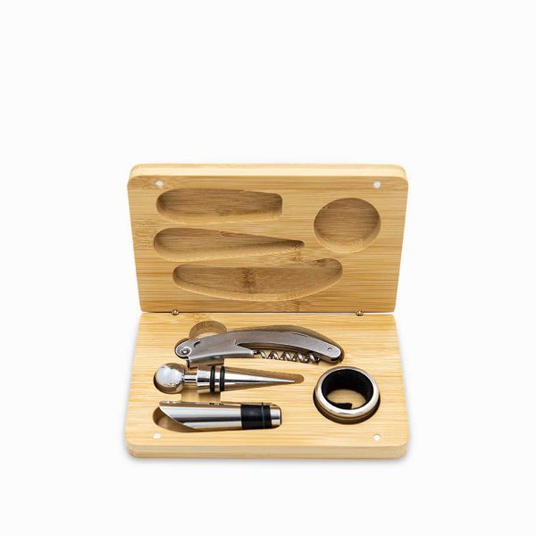 Kit vino caja bambú set x4
