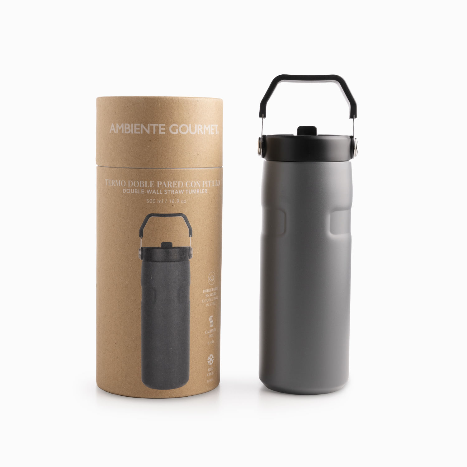 Termo doble pared con pitillo gris 500ml - Imagen 4