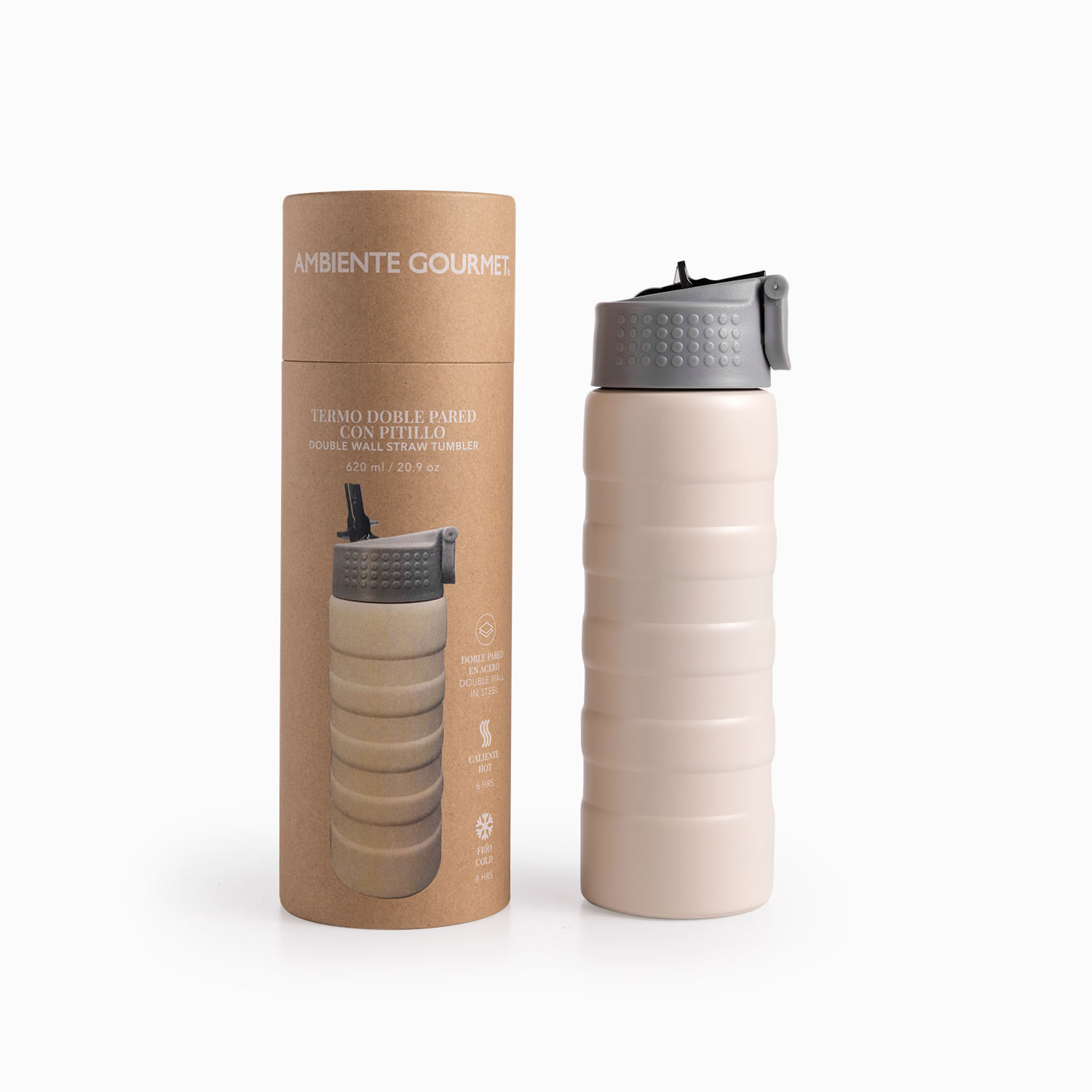Termo doble pared con pitillo beige 620ml - Imagen 4