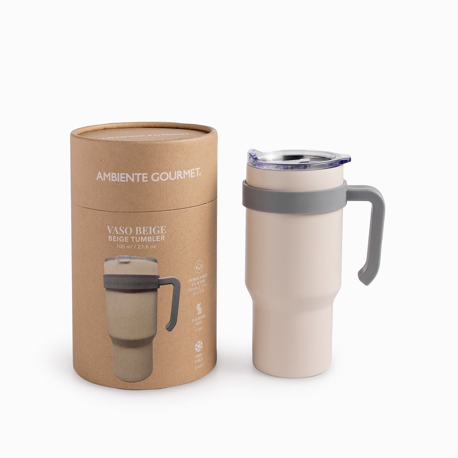 Termo con manija doble pared beige 700ml - Imagen 4